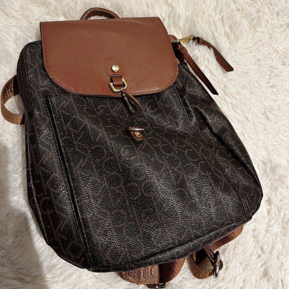 Calvin Klein Signature Mini Backpack Bag Brown PVC Saffiano Leather Gold